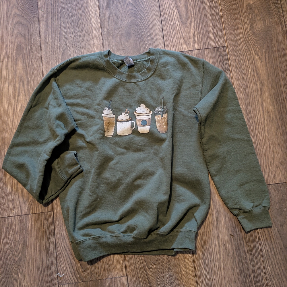 Chic Olive Coffee Motif Women's Crewneck Sweater